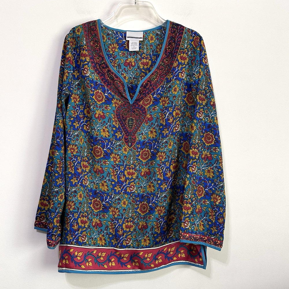 Soft Surroundings Tunic M Top Lightweight Colorful Floral Scoop Neck Long Sleeve